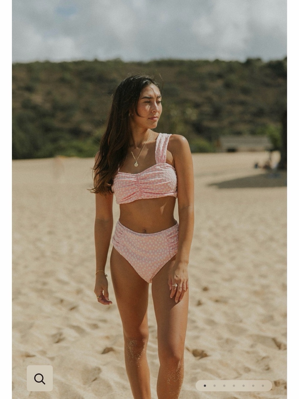High-Waist Pink Floral Bikini Set with Ruching - Women Swim